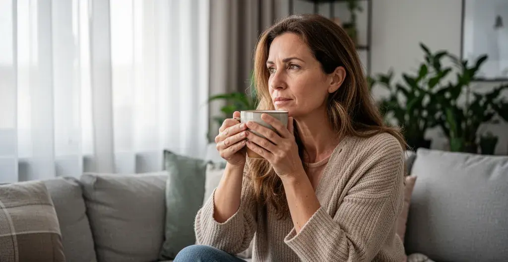 Femme savourant son café bio du matin dans un salon lumineux