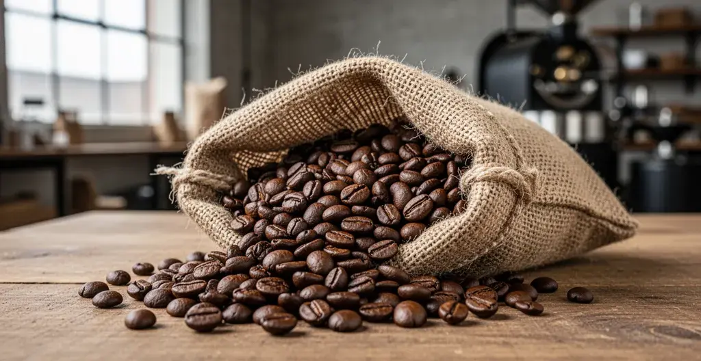 Grains de café bio torréfiés dans un sac en toile de jute