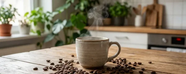 Tasse de café bio fumante posée sur table en bois avec grains torréfiés