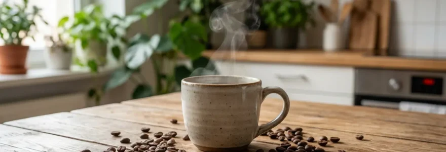 Tasse de café bio fumante posée sur table en bois avec grains torréfiés